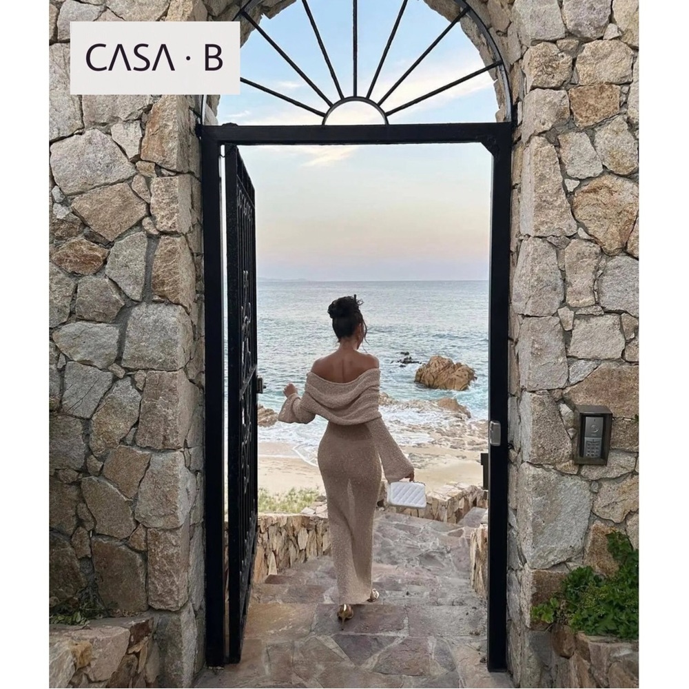 NEW to CASA B💫| Soriana Off the Shoulder Boucle Long Sleeve Draped Maxi Dress - Picture 10 of 13